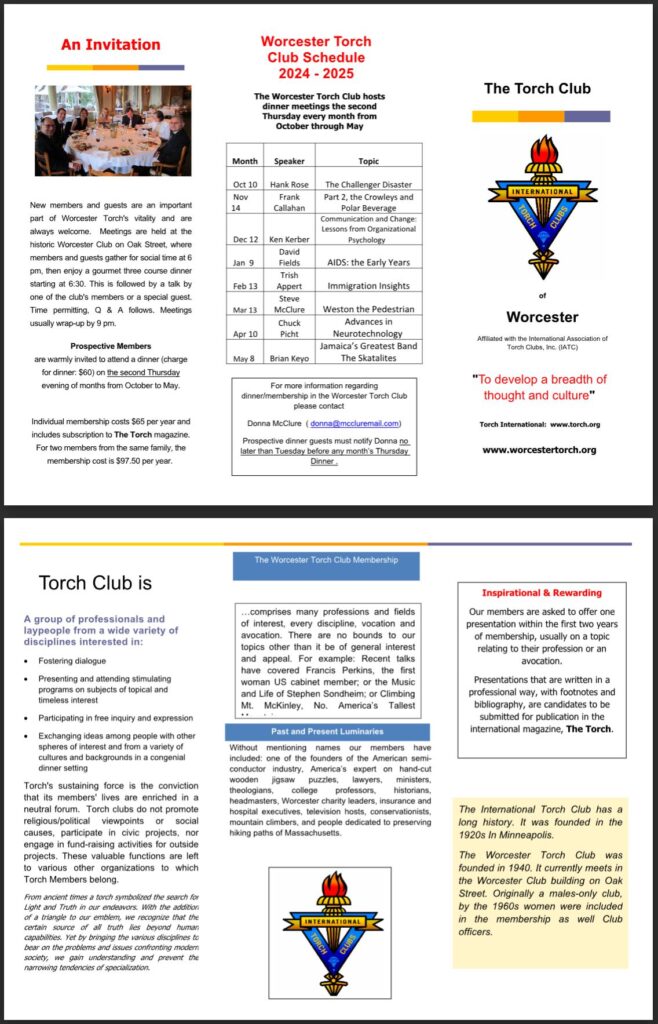 Worcester torch club brochure and list of speakers for 2024-2025